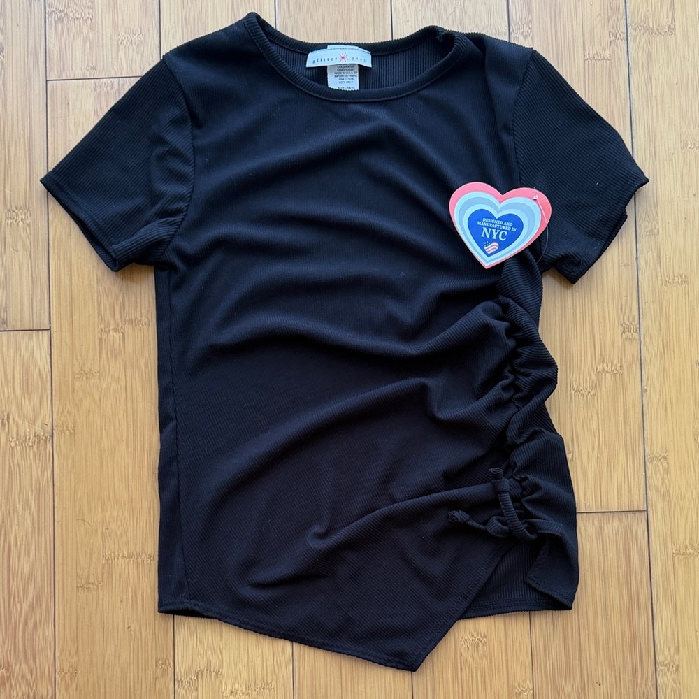 Black Ruched Side Short Sleeve Top with Heart Patch